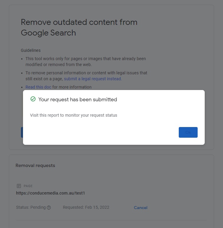 Removal of page from Google Without Search Console